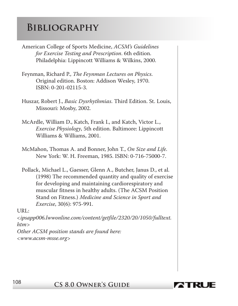 Bibliography | True Fitness CS8 User Manual | Page 94 / 97