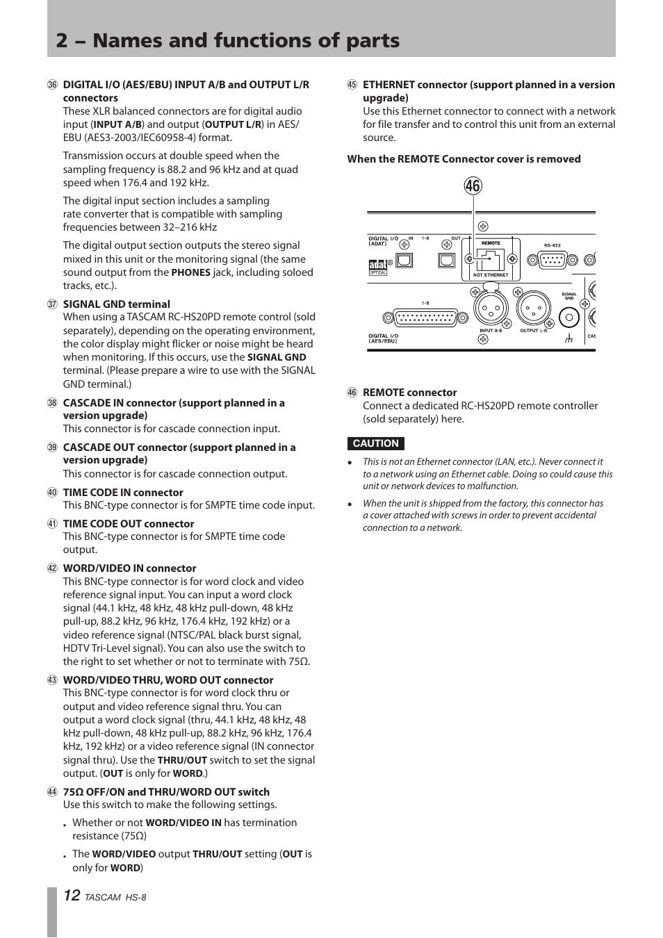 2 − names and functions of parts | Tascam HS-8 User Manual | Page 12 / 72