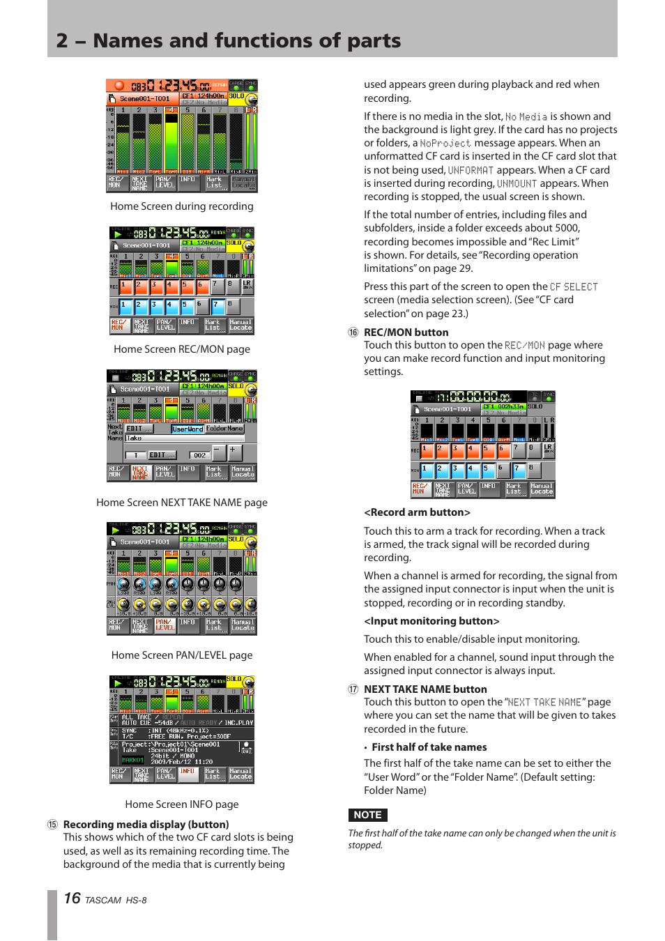 2 − names and functions of parts | Tascam HS-8 User Manual | Page 16 / 72