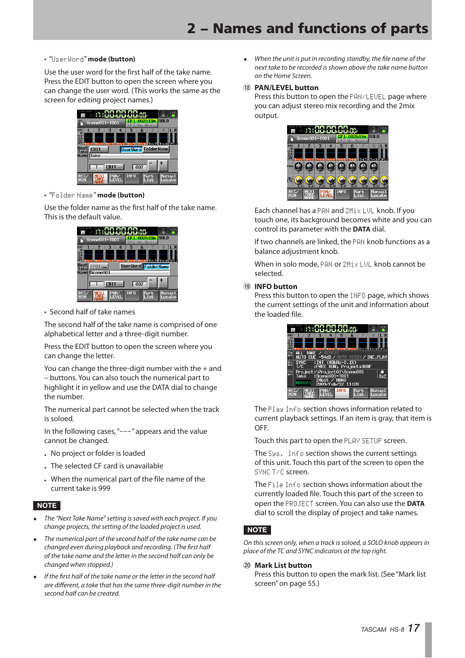 2 − names and functions of parts | Tascam HS-8 User Manual | Page 17 / 72