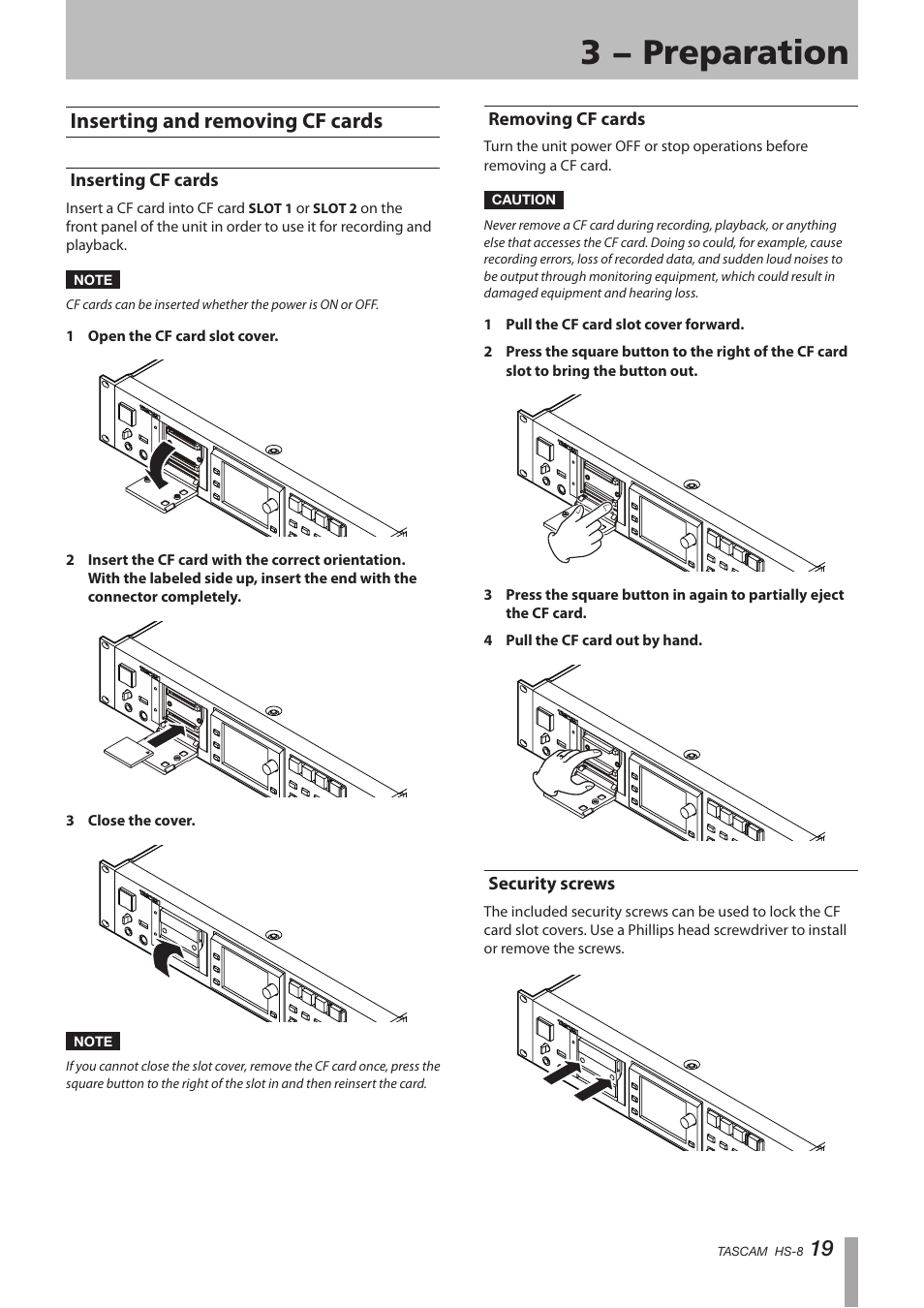 3 − preparation, Inserting and removing cf cards, Inserting cf cards | Removing cf cards, Security screws | Tascam HS-8 User Manual | Page 19 / 72