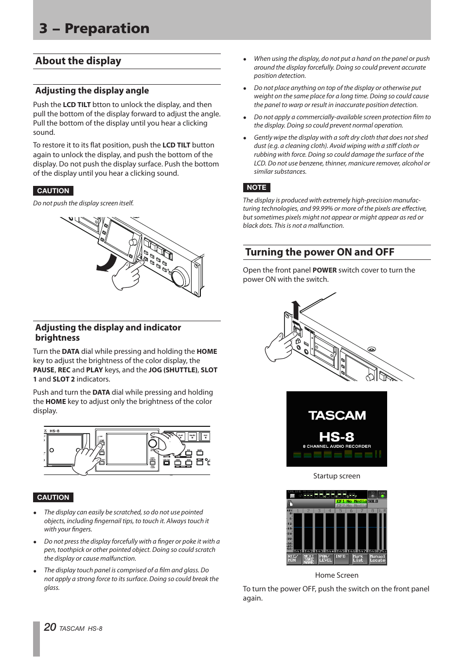 About the display, Adjusting the display angle, Adjusting the display and indicator brightness | Turning the power on and off, Brightness, 3 − preparation | Tascam HS-8 User Manual | Page 20 / 72