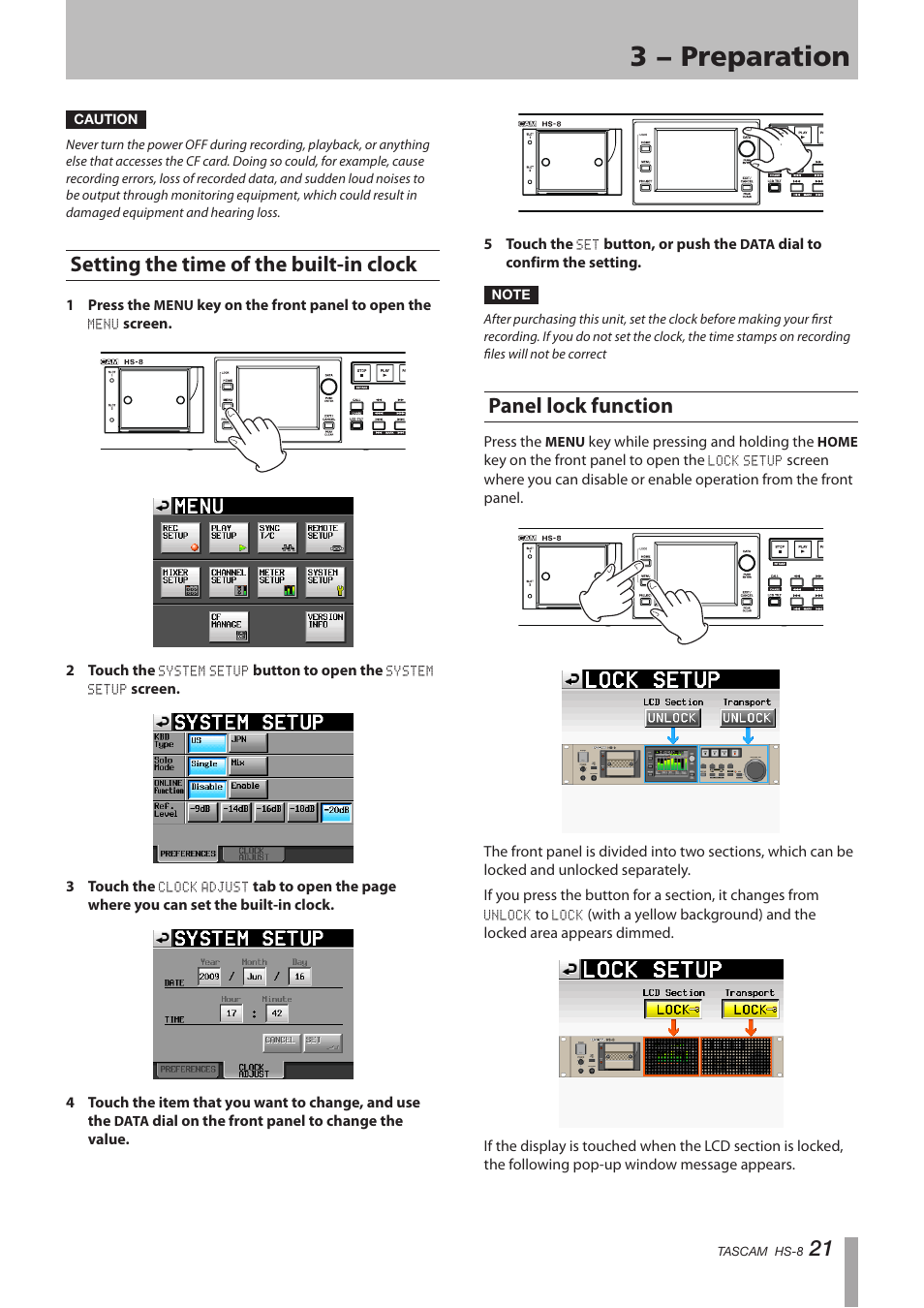 Setting the time of the built-in clock, Panel lock function, 3 − preparation | Tascam HS-8 User Manual | Page 21 / 72