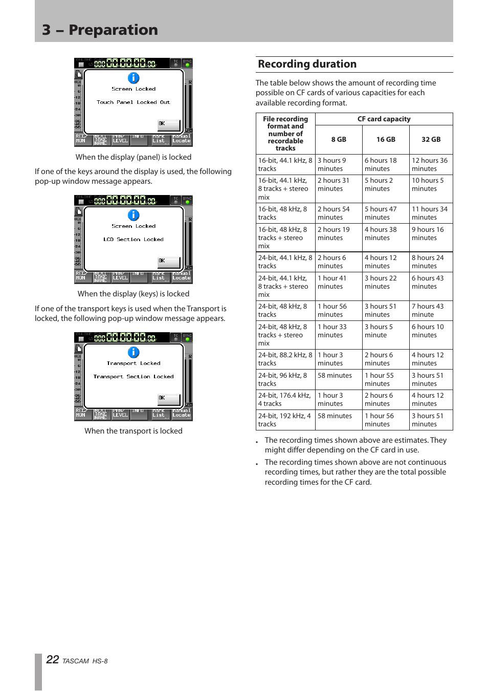 Recording duration, 3 − preparation | Tascam HS-8 User Manual | Page 22 / 72