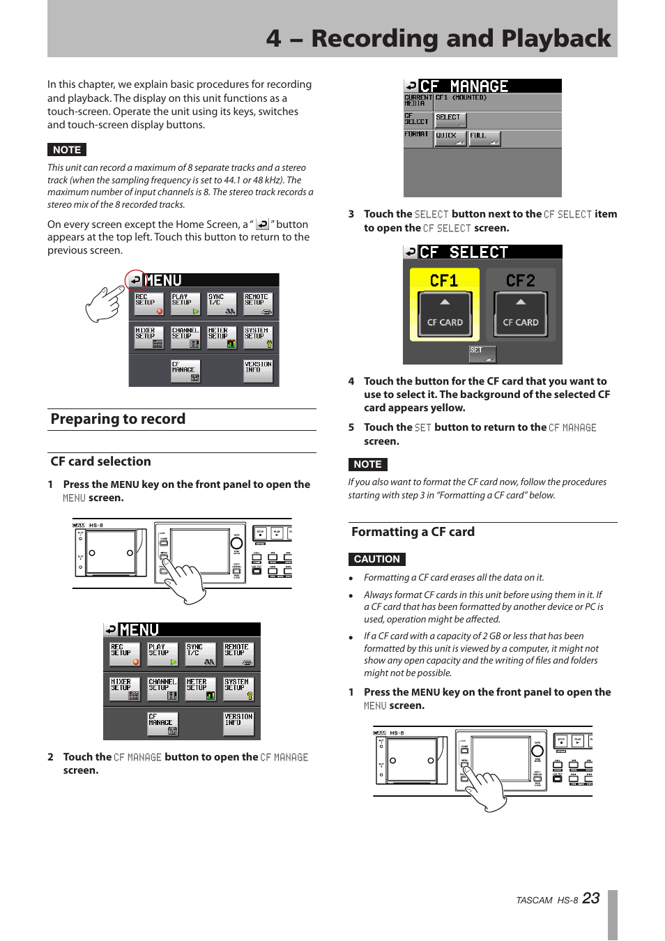 4 − recording and playback, Preparing to record, Cf card selection | Formatting a cf card, Cf card selection formatting a cf card | Tascam HS-8 User Manual | Page 23 / 72