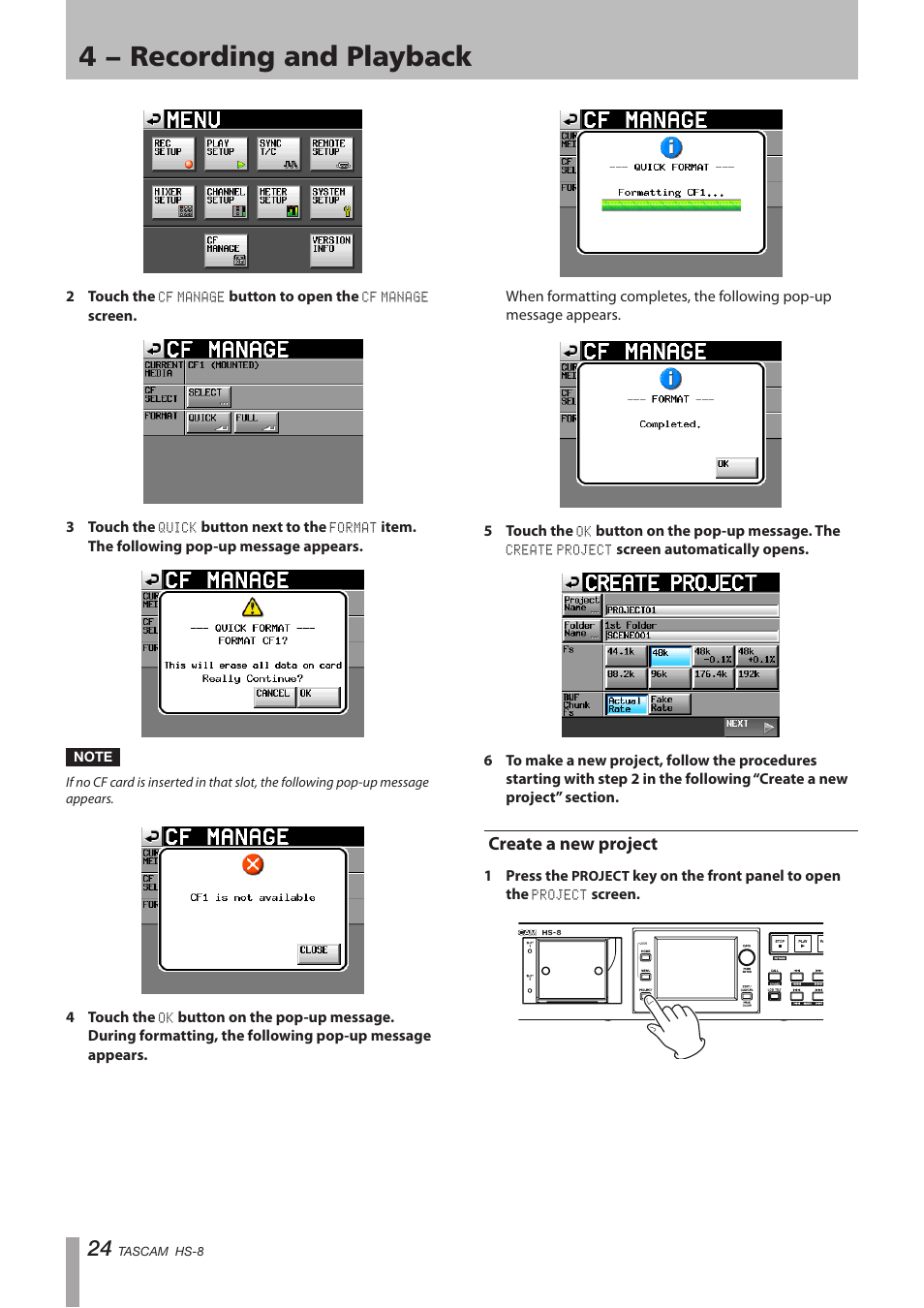 Create a new project, 4 − recording and playback | Tascam HS-8 User Manual | Page 24 / 72