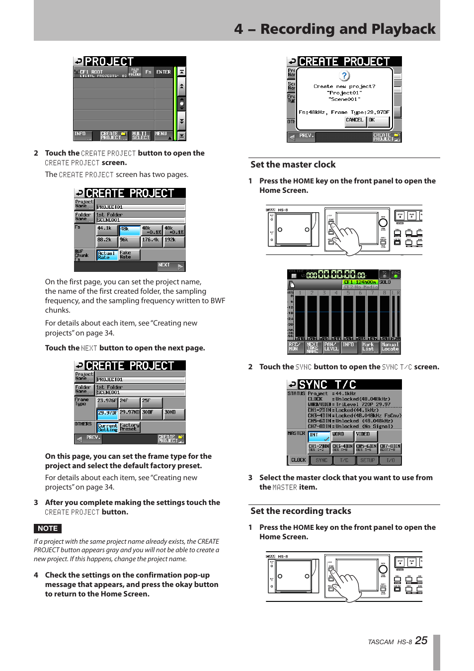 Set the master clock, Set the recording tracks, Set the master clock set the recording tracks | 4 − recording and playback | Tascam HS-8 User Manual | Page 25 / 72