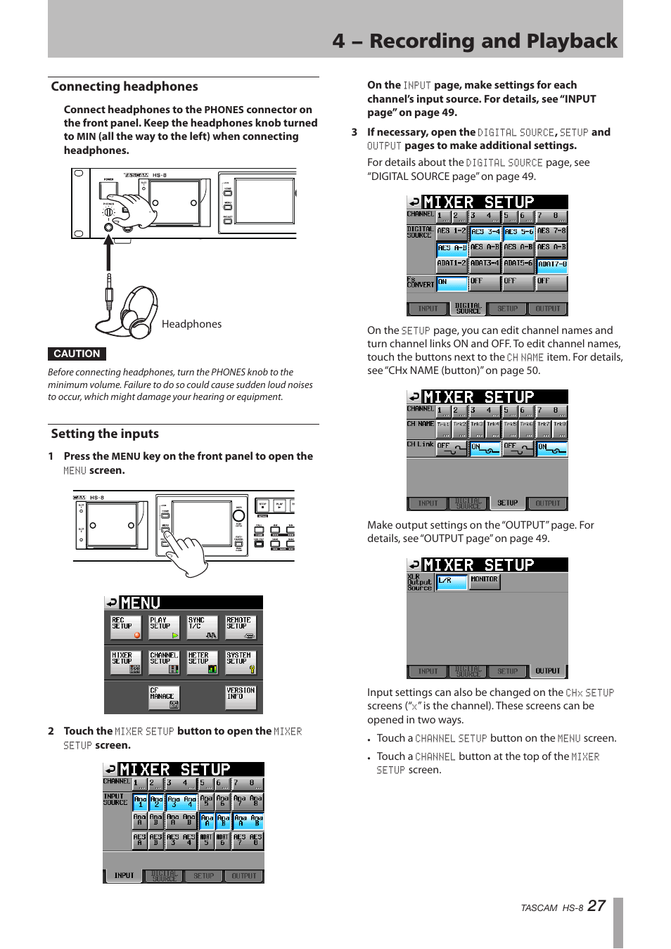 Connecting headphones, Setting the inputs, Connecting headphones setting the inputs | 4 − recording and playback | Tascam HS-8 User Manual | Page 27 / 72