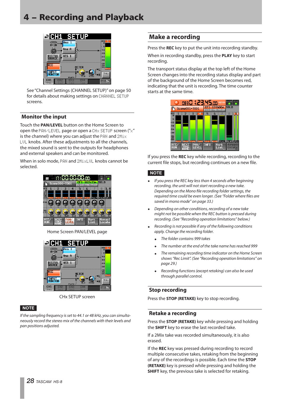 Monitor the input, Make a recording, Stop recording | Retake a recording, Stop recording retake a recording, 4 − recording and playback | Tascam HS-8 User Manual | Page 28 / 72