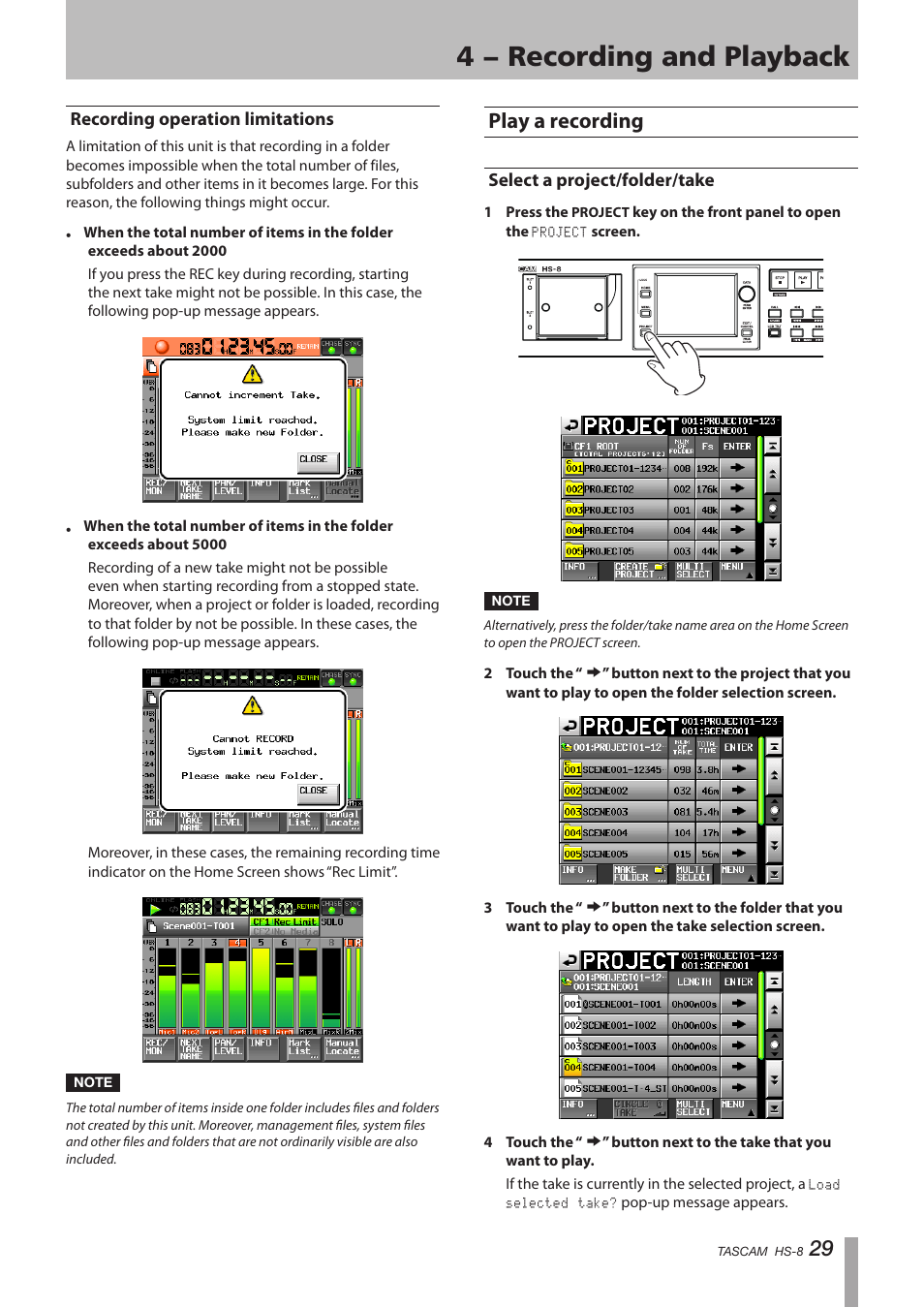 Recording operation limitations, Play a recording, Select a project/folder/take | 4 − recording and playback | Tascam HS-8 User Manual | Page 29 / 72