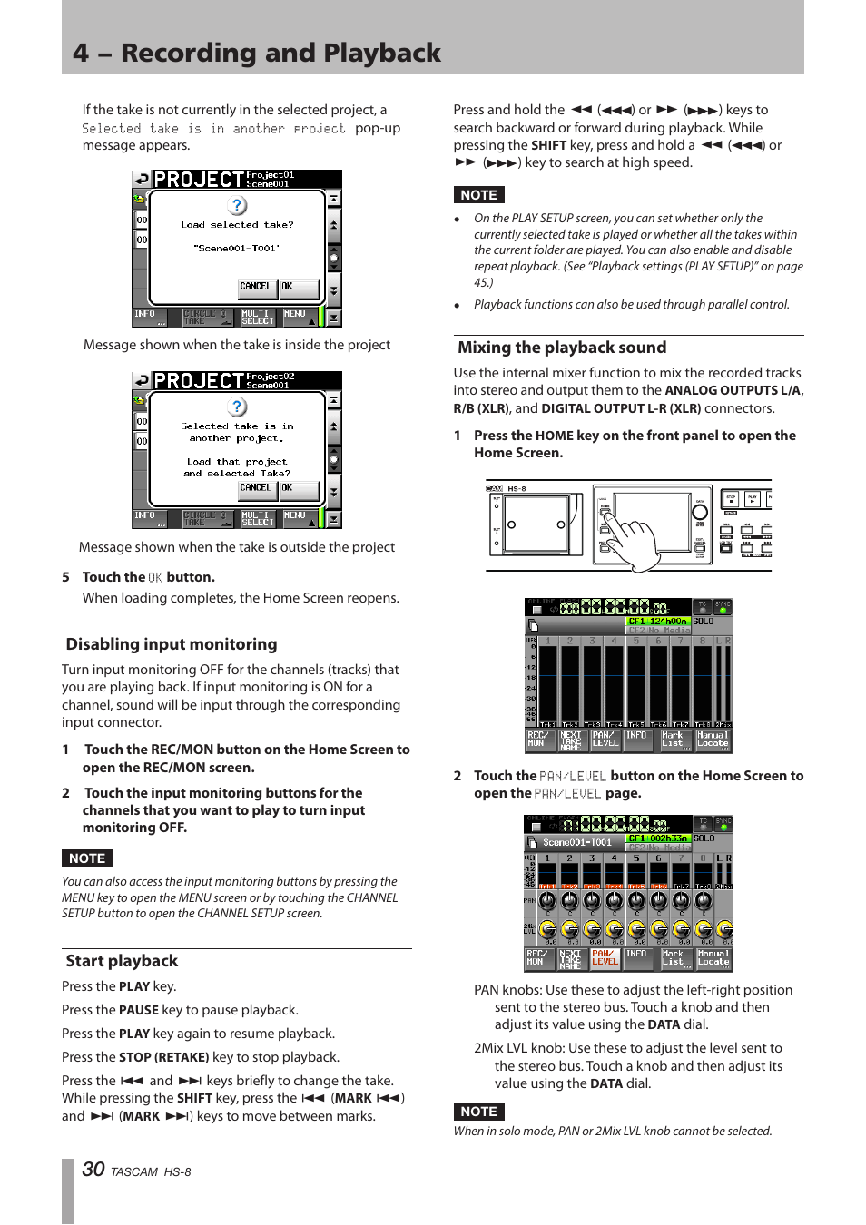 Disabling input monitoring, Start playback, Mixing the playback sound | 4 − recording and playback | Tascam HS-8 User Manual | Page 30 / 72