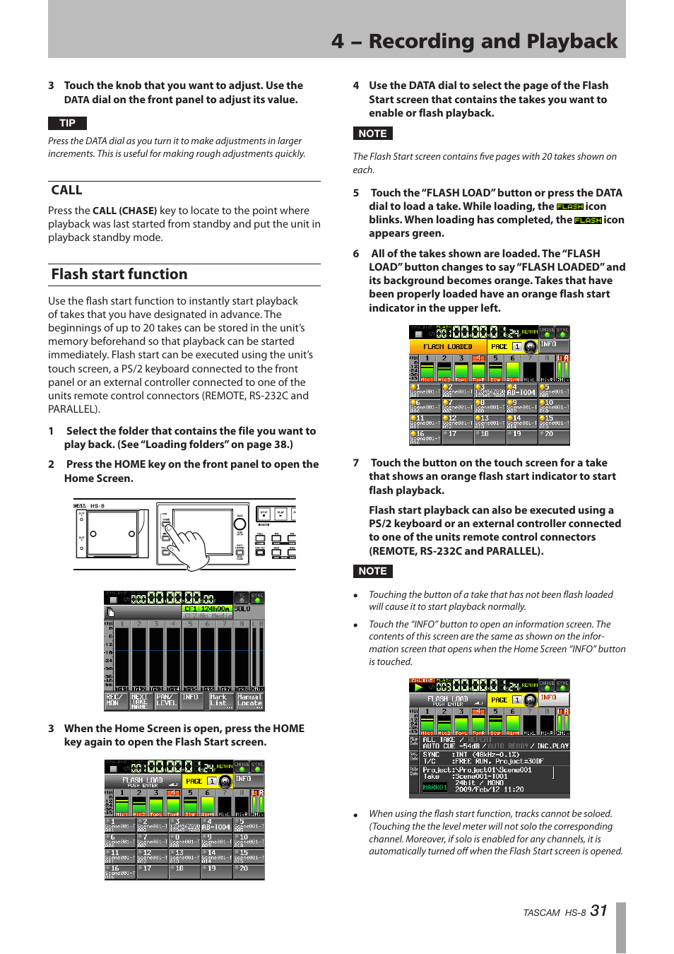 Call, Flash start function, 4 − recording and playback | Tascam HS-8 User Manual | Page 31 / 72