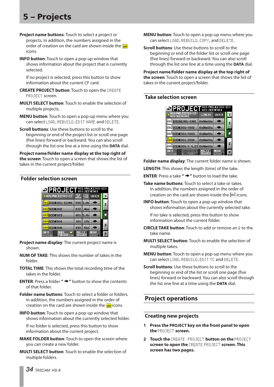 Folder selection screen, Take selection screen, Project operations | Creating new projects, Folder selection screen take selection screen, 5 – projects | Tascam HS-8 User Manual | Page 34 / 72