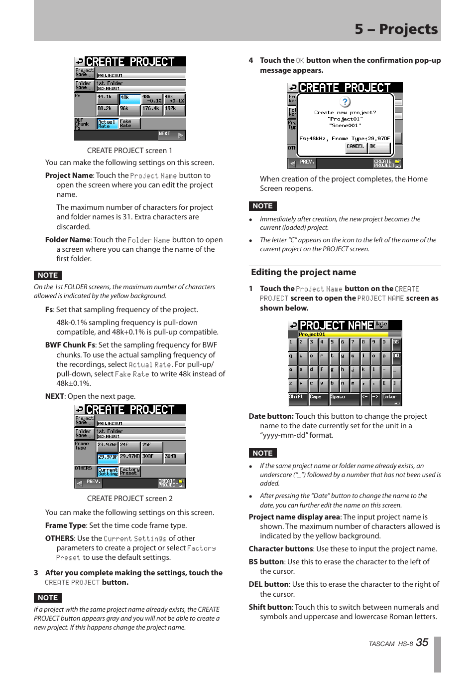 Editing the project name, 5 – projects | Tascam HS-8 User Manual | Page 35 / 72