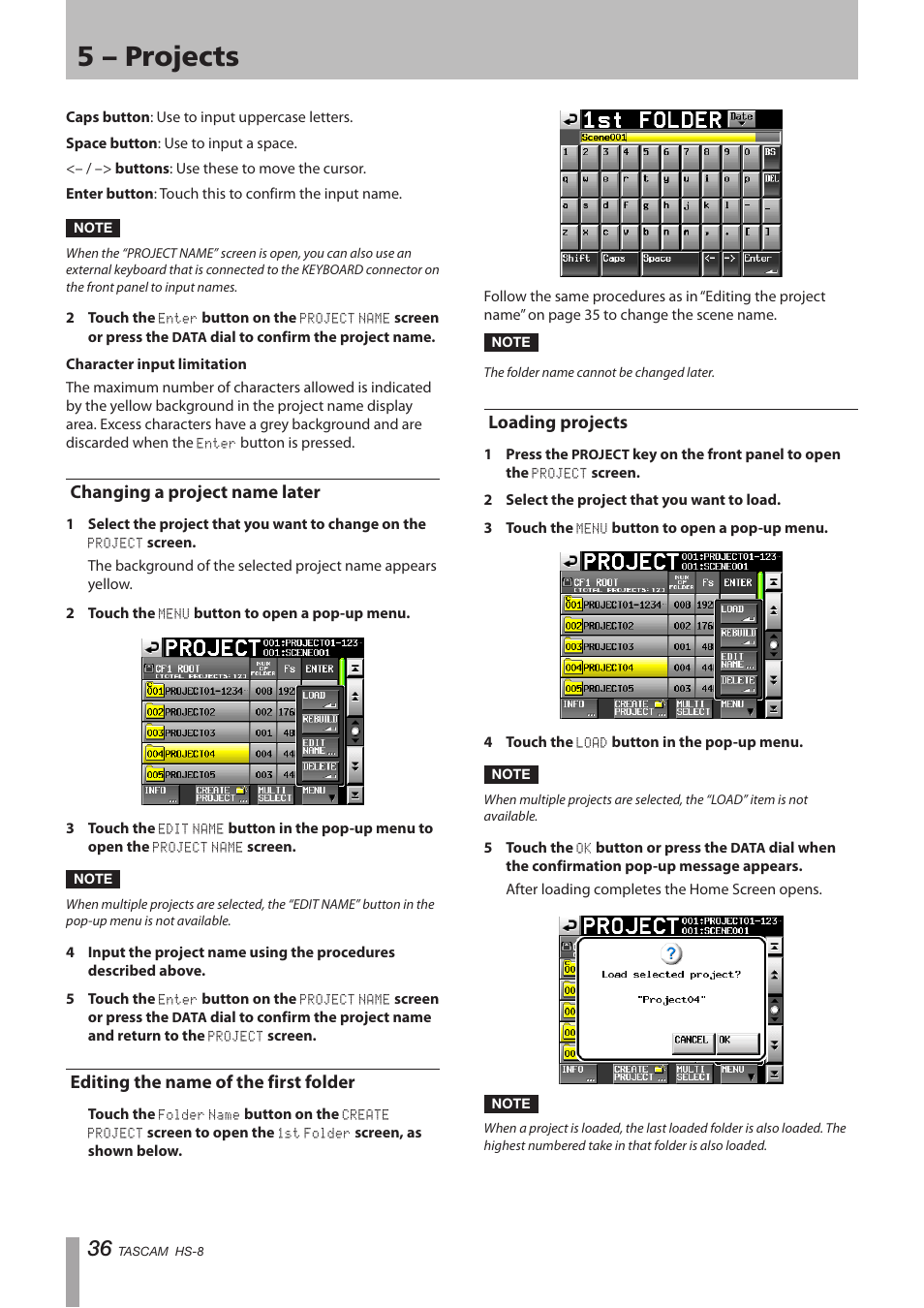 Changing a project name later, Editing the name of the first folder, Loading projects | 5 – projects | Tascam HS-8 User Manual | Page 36 / 72