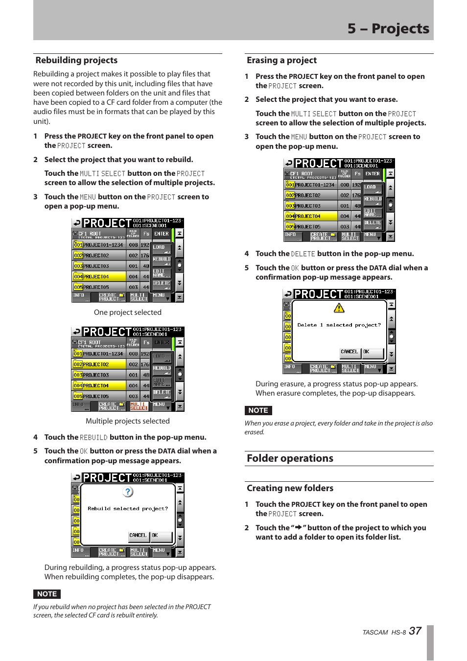 Rebuilding projects, Erasing a project, Folder operations | Creating new folders, Rebuilding projects erasing a project, 5 – projects | Tascam HS-8 User Manual | Page 37 / 72