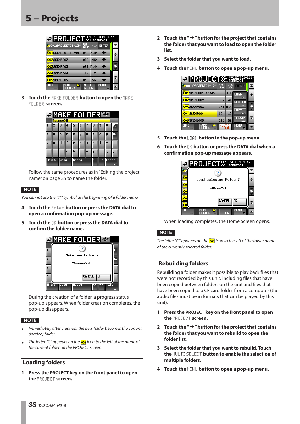 Loading folders, Rebuilding folders, Loading folders rebuilding folders | 5 – projects | Tascam HS-8 User Manual | Page 38 / 72