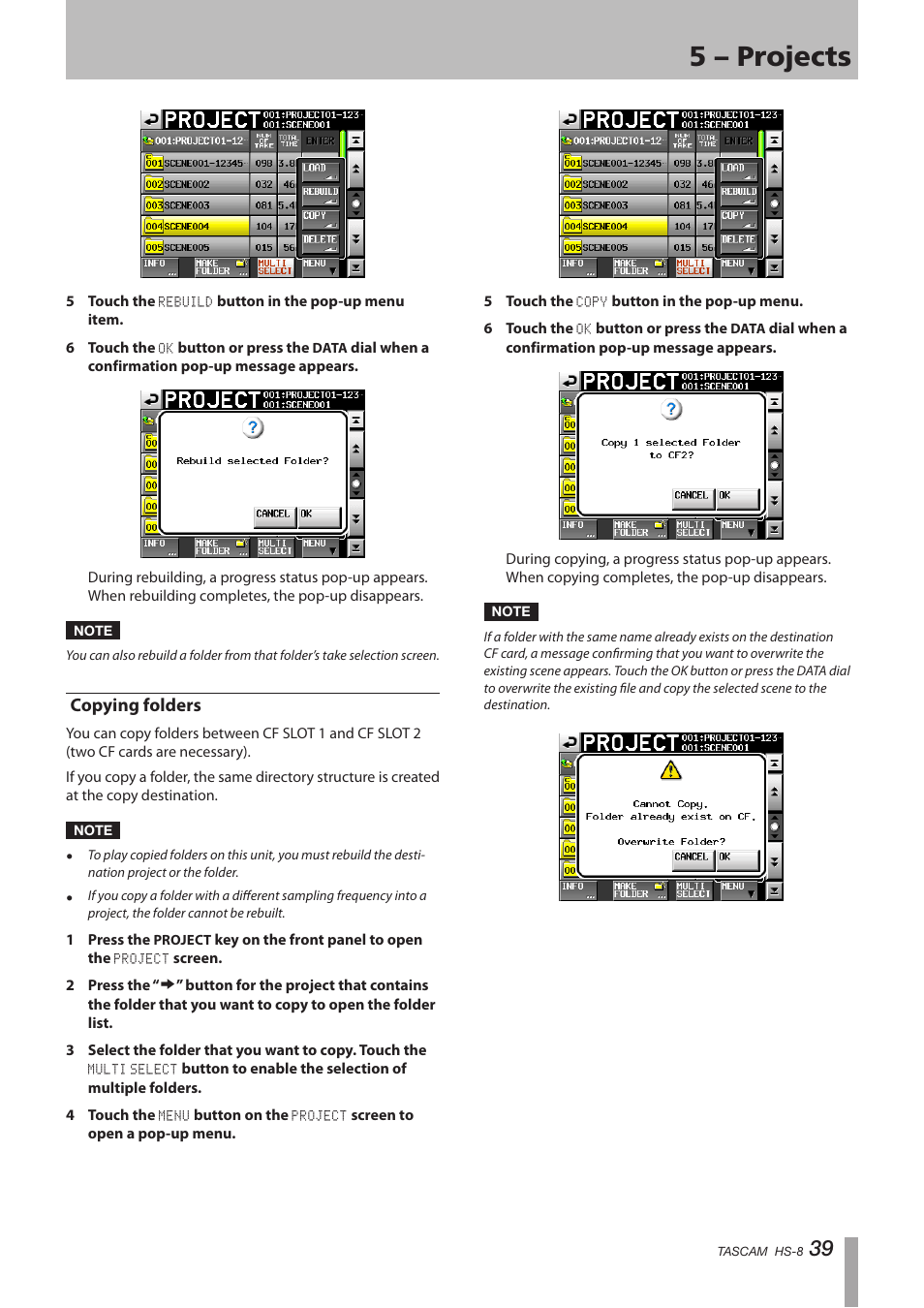 Copying folders, 5 – projects | Tascam HS-8 User Manual | Page 39 / 72