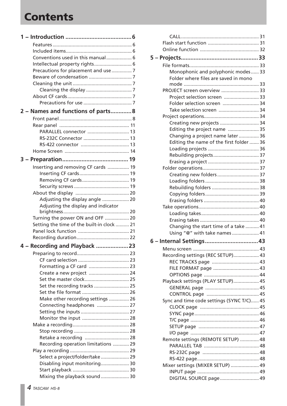 Tascam HS-8 User Manual | Page 4 / 72