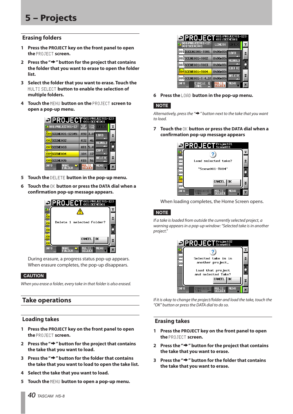 Erasing folders, Take operations, Loading takes | Erasing takes, Loading takes erasing takes, 5 – projects | Tascam HS-8 User Manual | Page 40 / 72