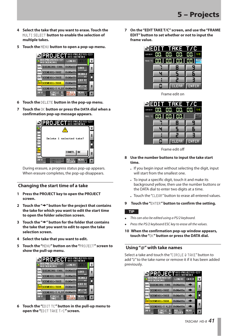 Changing the start time of a take, Using “@” with take names, 5 – projects | Tascam HS-8 User Manual | Page 41 / 72