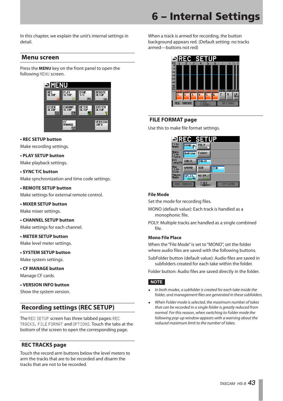 6 – internal settings, Menu screen, Recording settings (rec setup) | Menu screen recording settings (rec setup) | Tascam HS-8 User Manual | Page 43 / 72