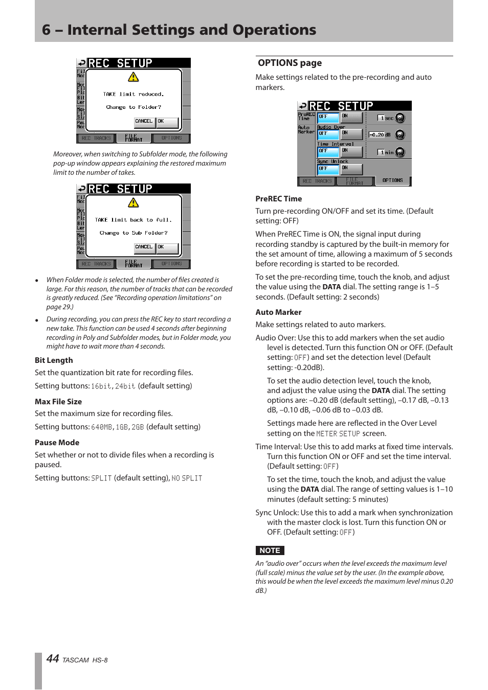 6 – internal settings and operations, Options page | Tascam HS-8 User Manual | Page 44 / 72