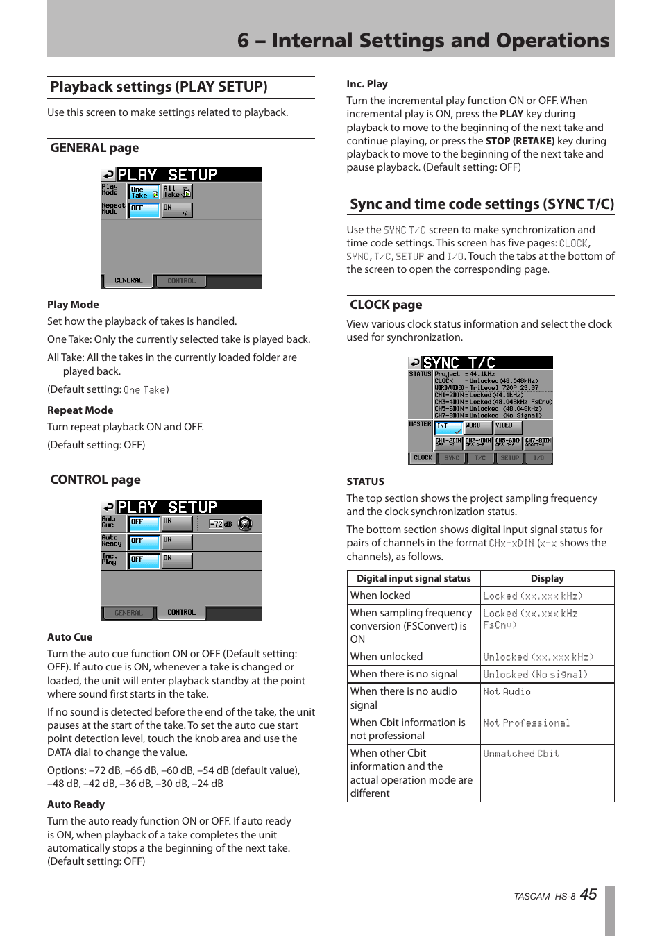 Playback settings (play setup), Sync and time code settings (sync t/c), 6 – internal settings and operations | 45 playback settings (play setup), General page, Control page, Clock page | Tascam HS-8 User Manual | Page 45 / 72