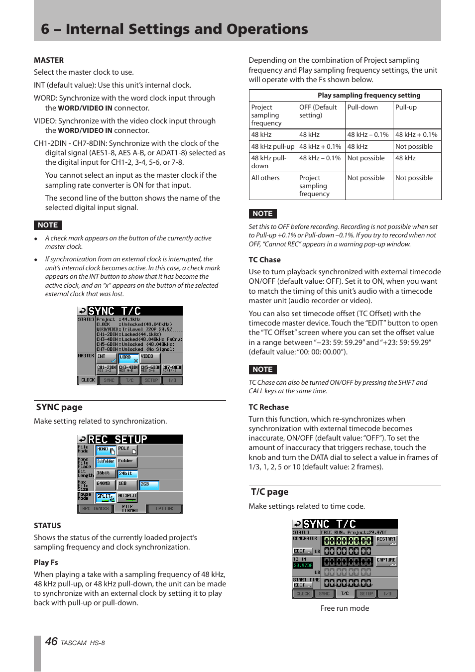 6 – internal settings and operations, Sync page, T/c page | Tascam HS-8 User Manual | Page 46 / 72