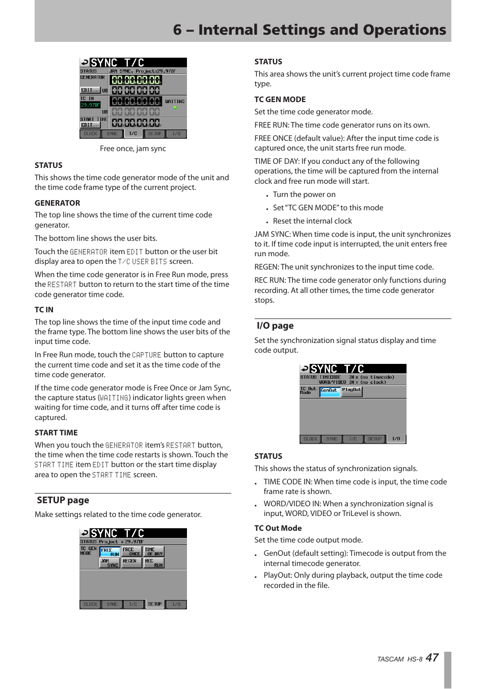 6 – internal settings and operations, Setup page, I/o page | Tascam HS-8 User Manual | Page 47 / 72