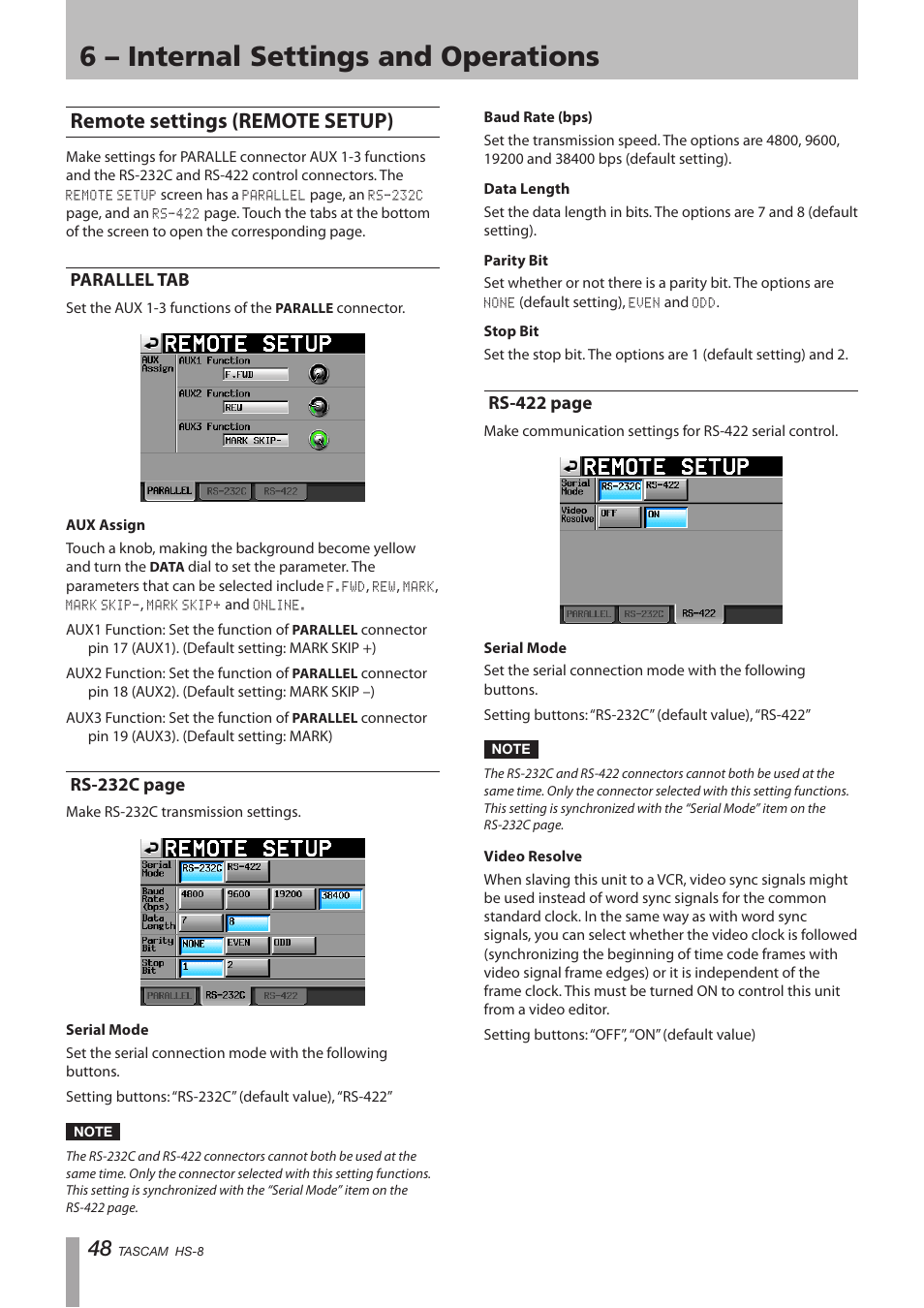 Remote settings (remote setup), Parallel tab, 6 – internal settings and operations | Rs-232c page, Rs-422 page | Tascam HS-8 User Manual | Page 48 / 72