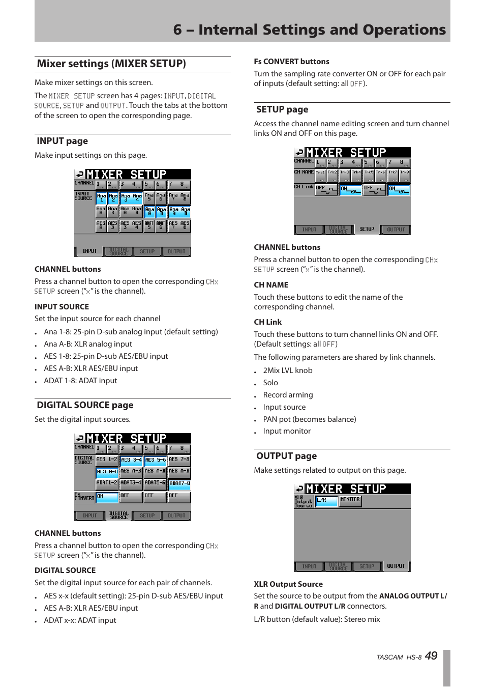 Mixer settings (mixer setup), 6 – internal settings and operations, 49 mixer settings (mixer setup) | Tascam HS-8 User Manual | Page 49 / 72