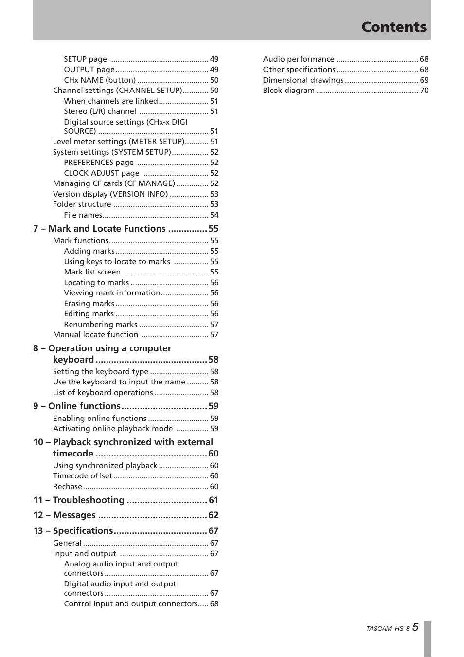 Tascam HS-8 User Manual | Page 5 / 72