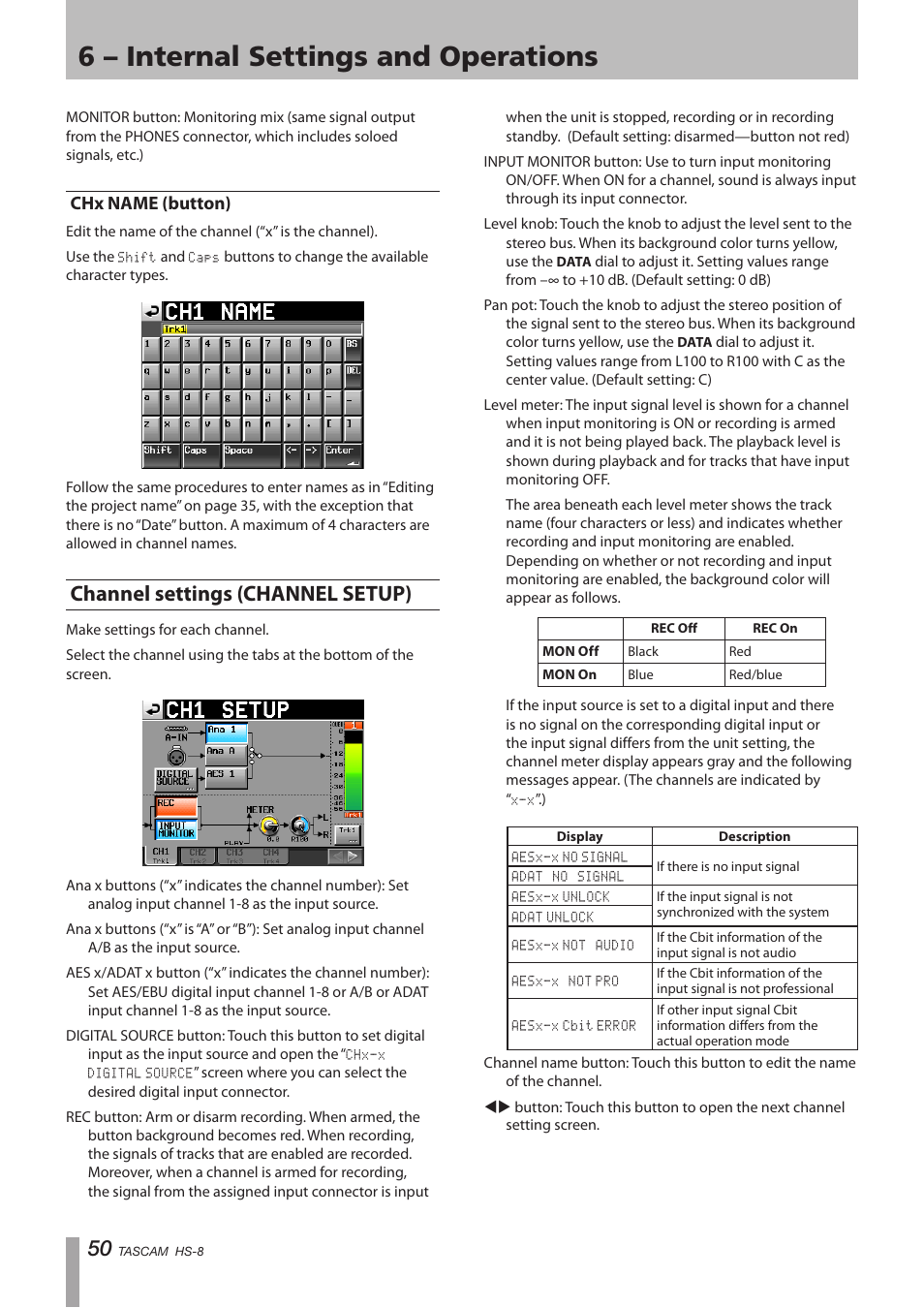 Chx name (button), Channel settings (channel setup), 6 – internal settings and operations | Tascam HS-8 User Manual | Page 50 / 72