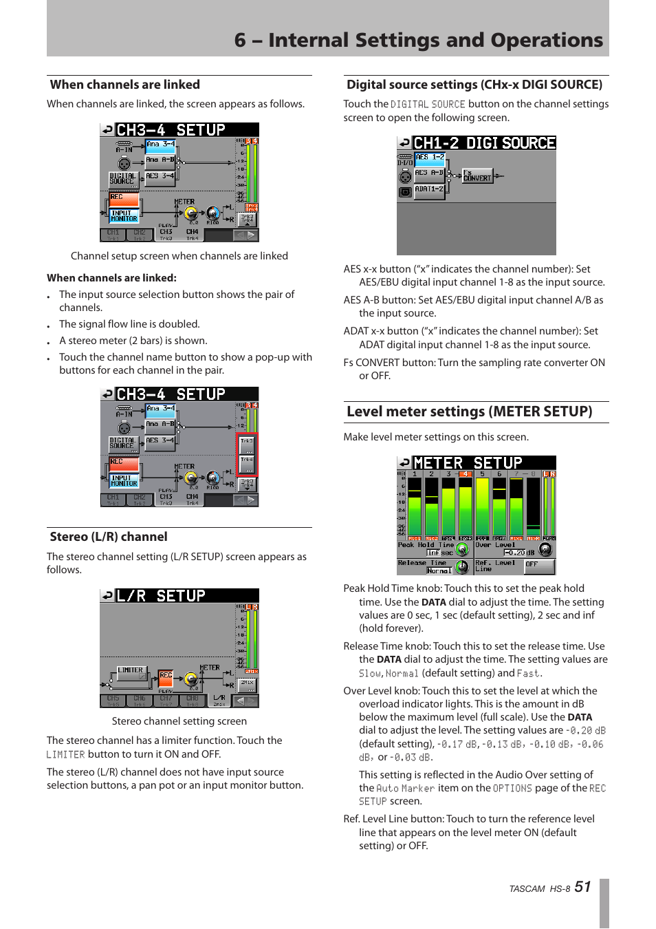 When channels are linked, Stereo (l/r) channel, Digital source settings (chx-x digi source) | Level meter settings (meter setup), 6 – internal settings and operations | Tascam HS-8 User Manual | Page 51 / 72