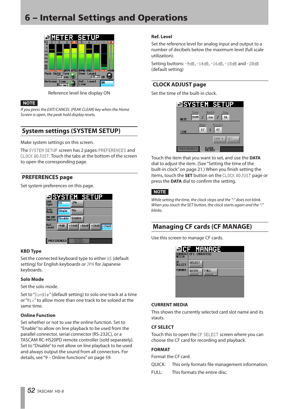 System settings (system setup), Managing cf cards (cf manage), 6 – internal settings and operations | Preferences page, Clock adjust page | Tascam HS-8 User Manual | Page 52 / 72