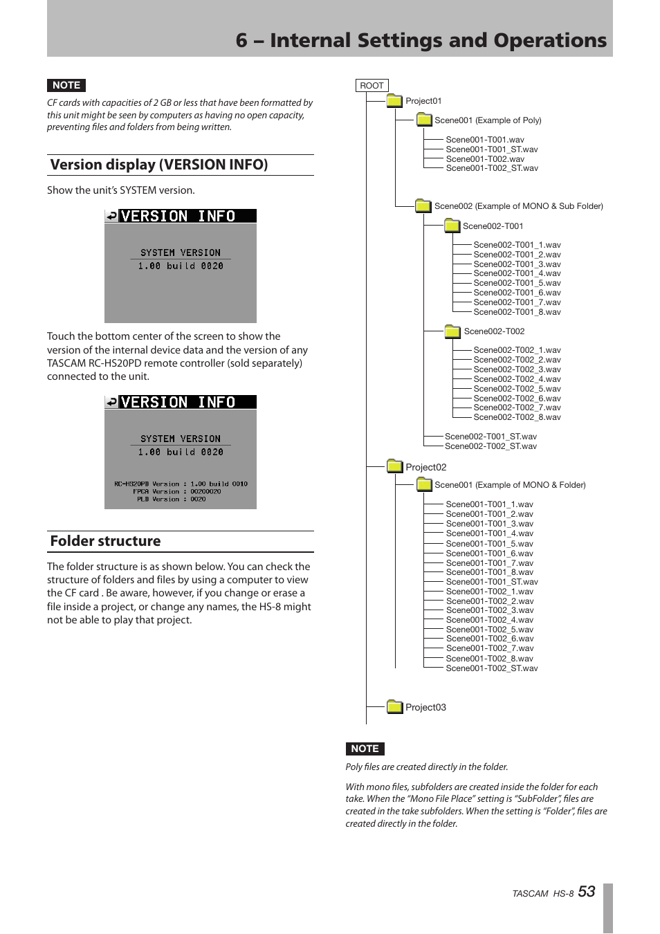 Version display (version info), Folder structure, Version display (version info) folder structure | 6 – internal settings and operations | Tascam HS-8 User Manual | Page 53 / 72