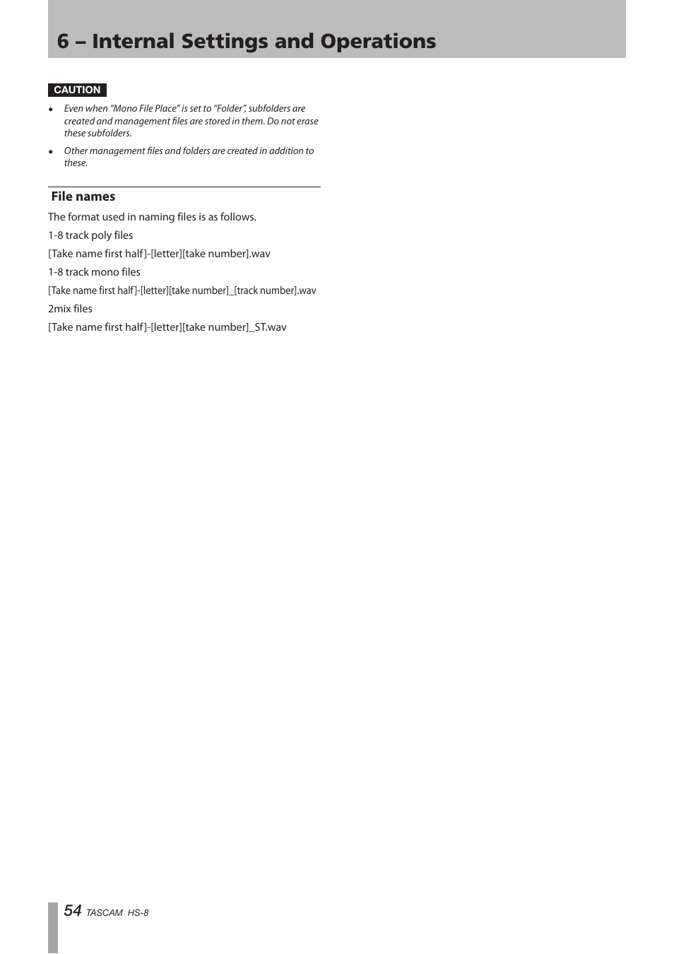 File names, 6 – internal settings and operations | Tascam HS-8 User Manual | Page 54 / 72