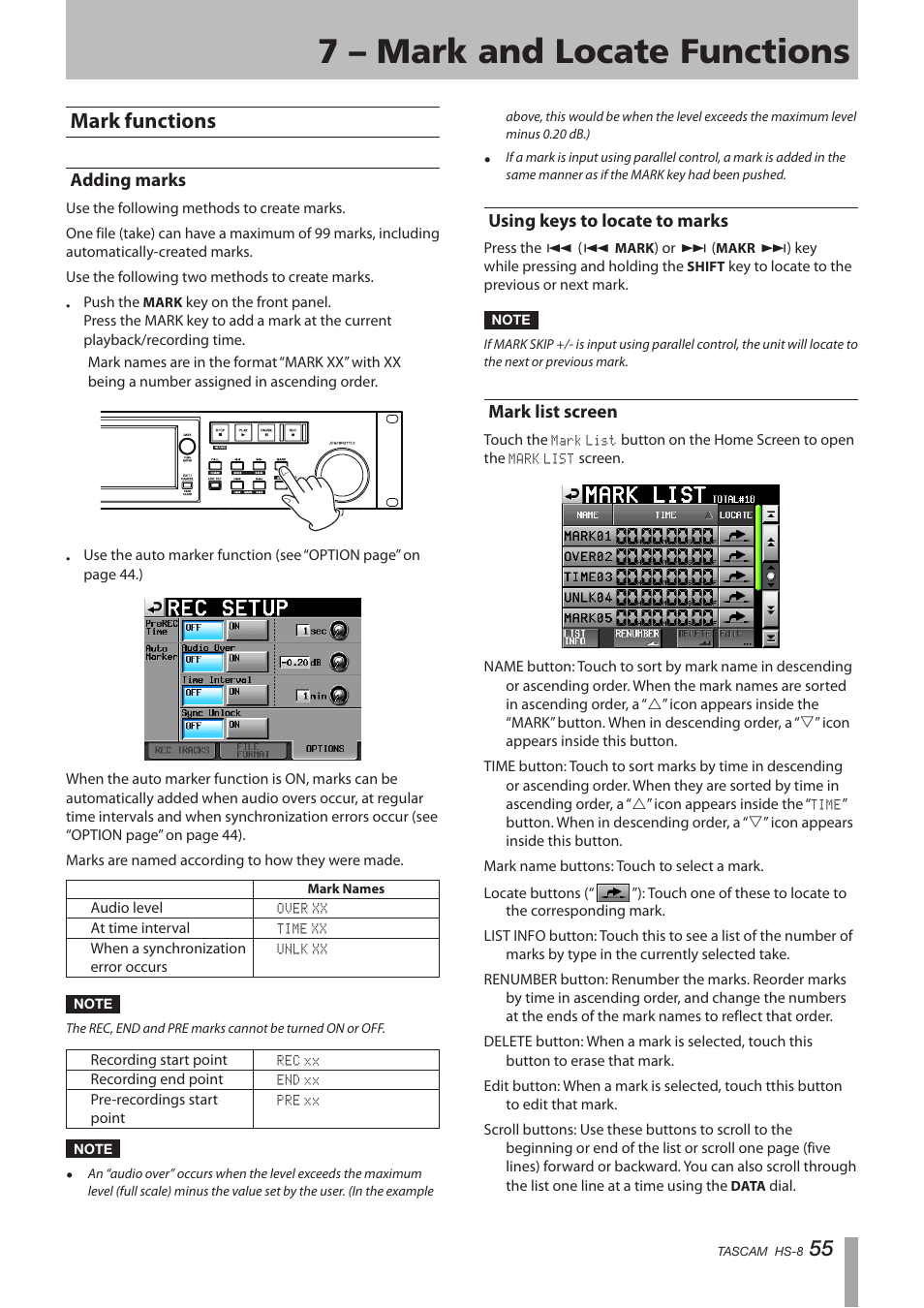 7 – mark and locate functions, Mark functions, Adding marks | Using keys to locate to marks, Mark list screen, 55 mark functions | Tascam HS-8 User Manual | Page 55 / 72