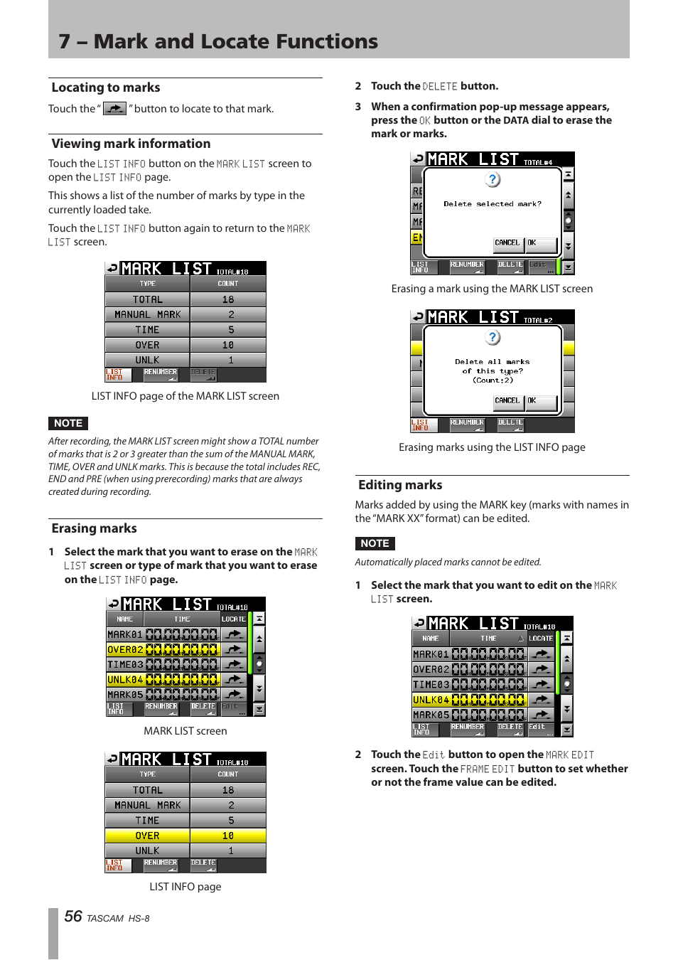 Locating to marks, Viewing mark information, Erasing marks | Editing marks, 7 – mark and locate functions | Tascam HS-8 User Manual | Page 56 / 72