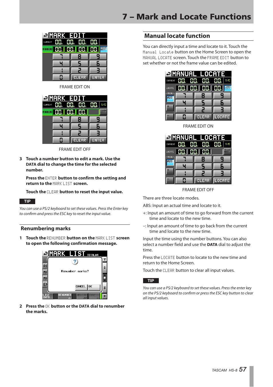 Renumbering marks, Manual locate function, 7 – mark and locate functions | Tascam HS-8 User Manual | Page 57 / 72