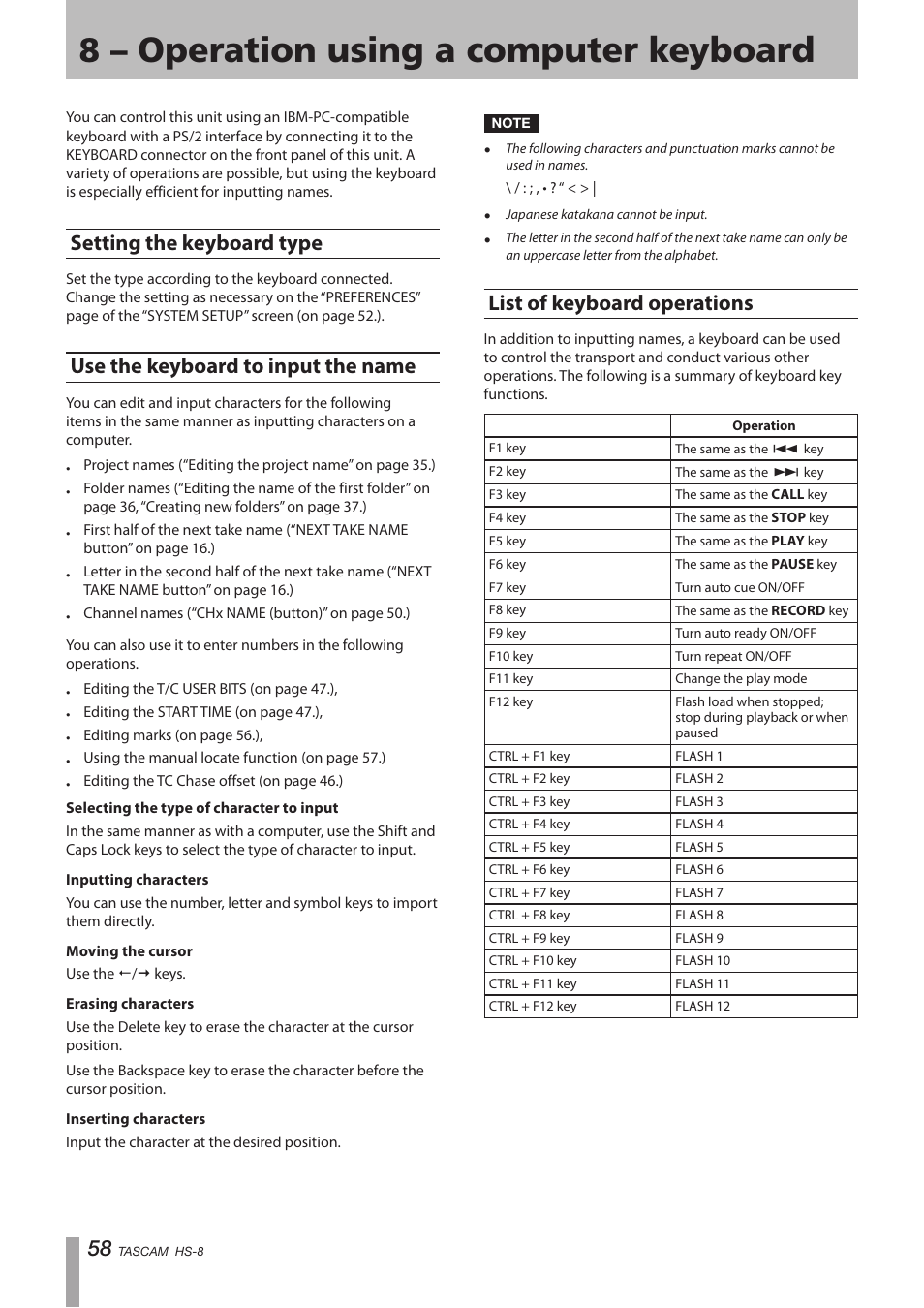 8 – operation using a computer keyboard, Setting the keyboard type, Use the keyboard to input the name | List of keyboard operations, 8 – operation using a computer, Keyboard, Operation using a computer keyboard | Tascam HS-8 User Manual | Page 58 / 72