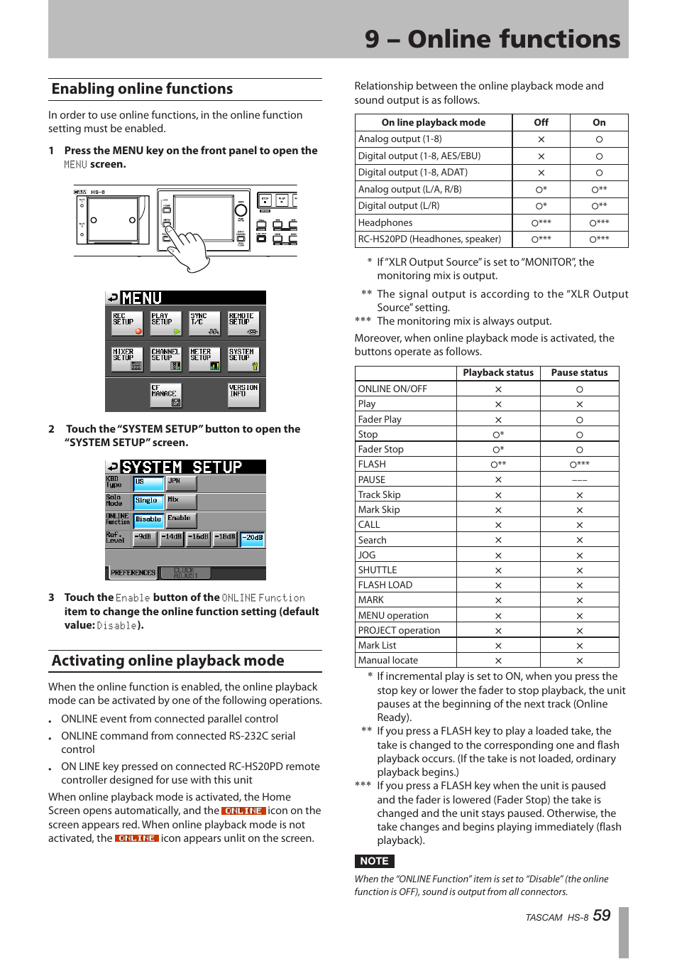 9 – online functions, Enabling online functions, Activating online playback mode | 59 enabling online functions | Tascam HS-8 User Manual | Page 59 / 72