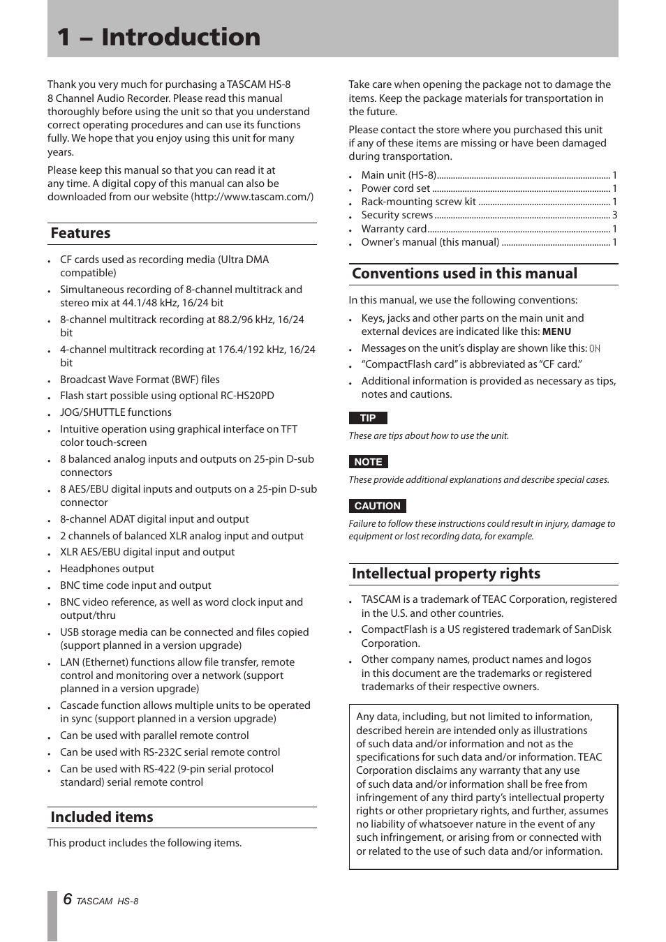 1 − introduction, Features, Included items | Conventions used in this manual, Intellectual property rights | Tascam HS-8 User Manual | Page 6 / 72