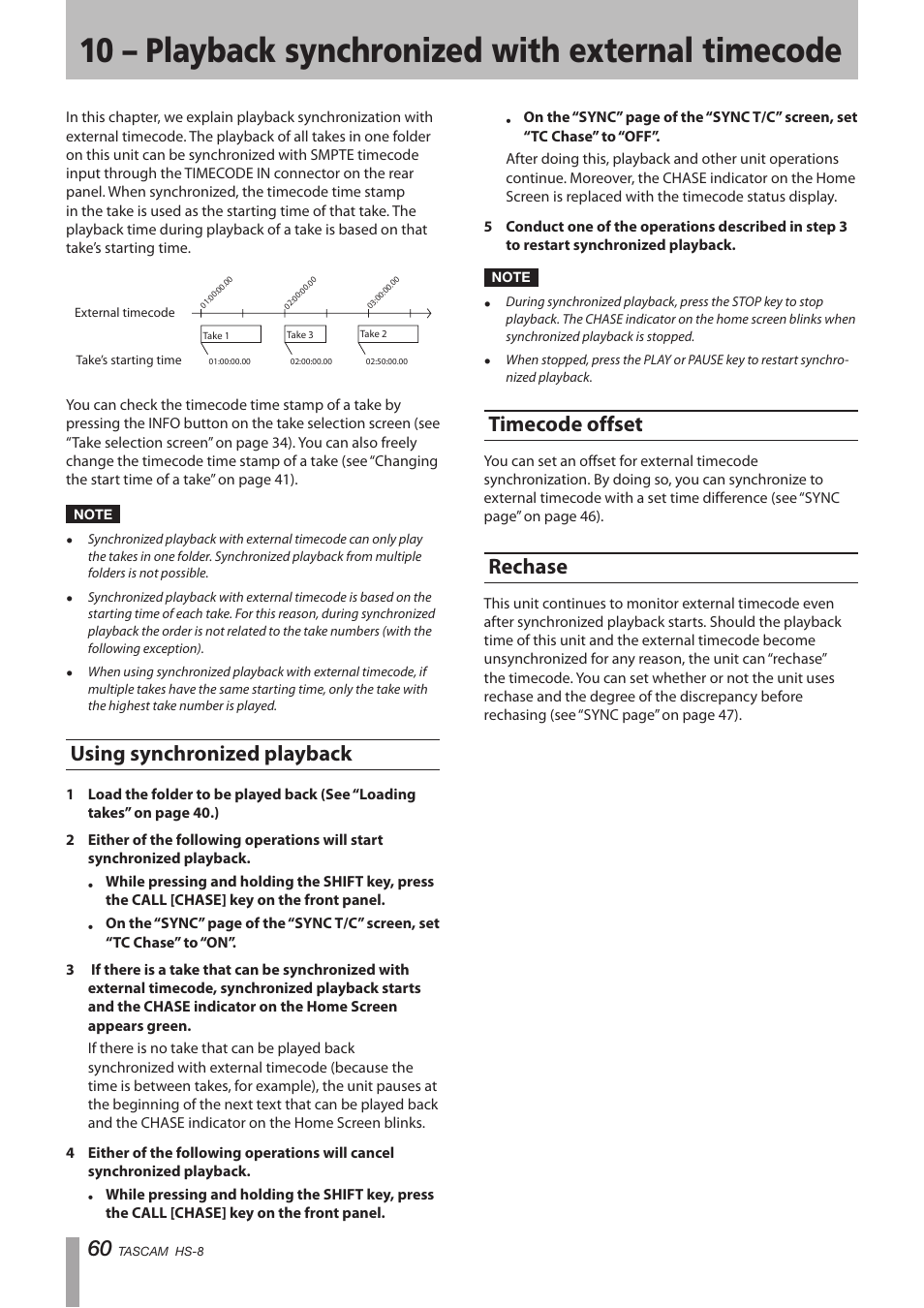 10 – playback synchronized with external timecode, Using synchronized playback, Timecode offset | Rechase, 10 – playback synchronized with external, Timecode | Tascam HS-8 User Manual | Page 60 / 72