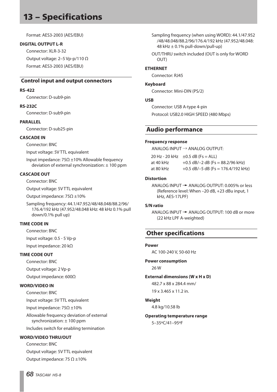 Control input and output connectors, Audio performance, Other specifications | Audio performance other specifications, 13 – specifications | Tascam HS-8 User Manual | Page 68 / 72