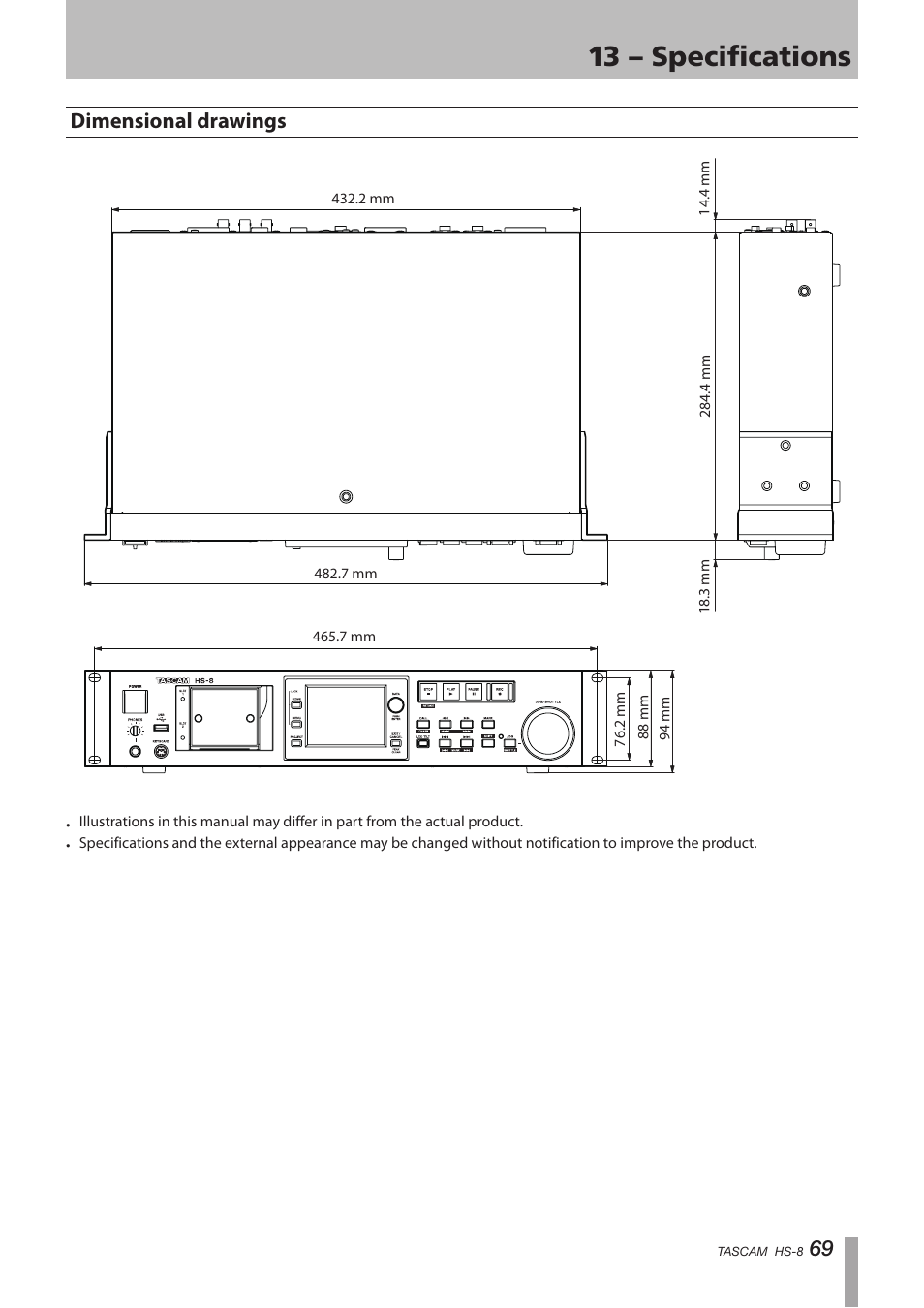 Dimensional drawings, 13 – specifications, 69 dimensional drawings | Tascam HS-8 User Manual | Page 69 / 72