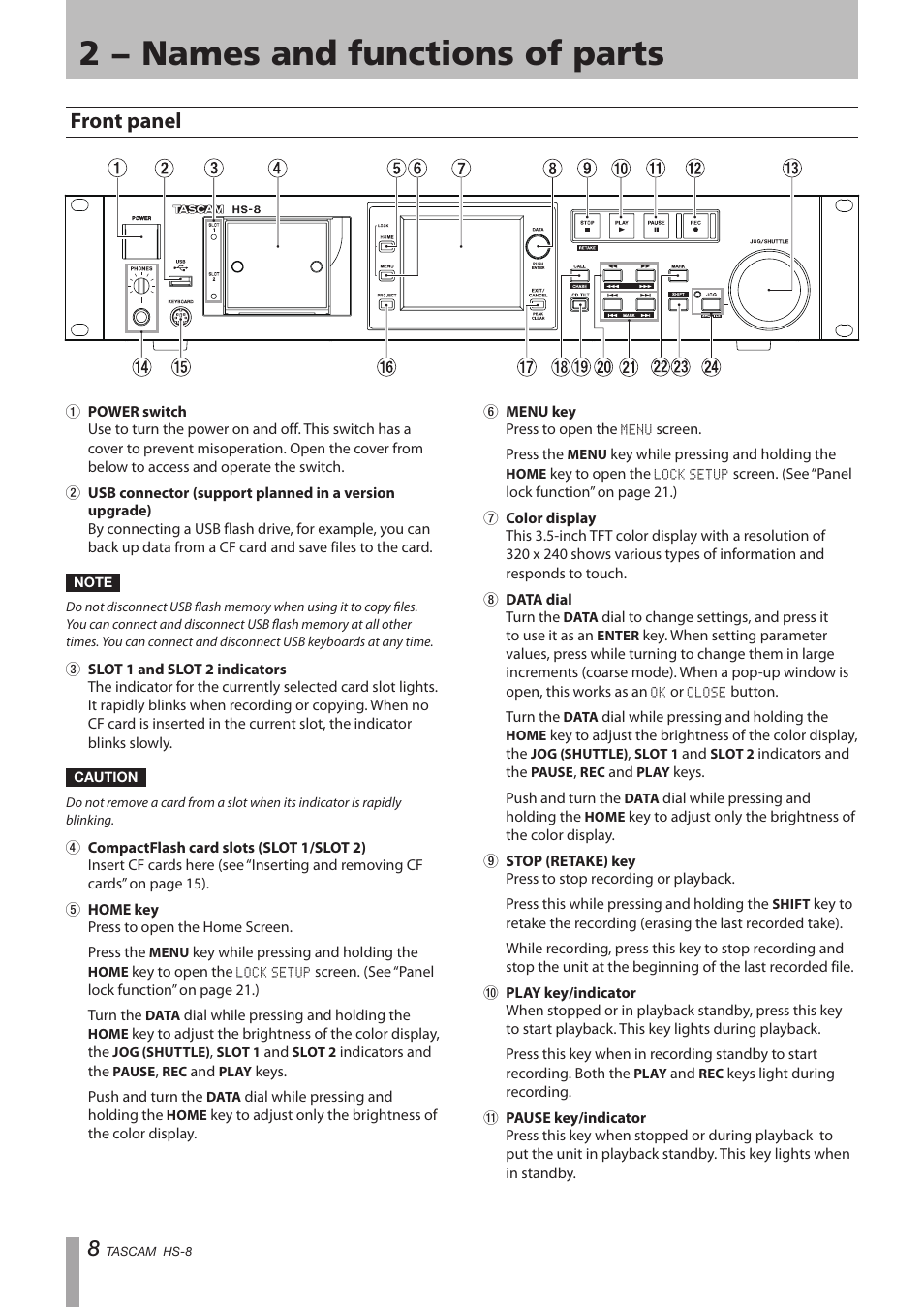 2 − names and functions of parts, Front panel | Tascam HS-8 User Manual | Page 8 / 72