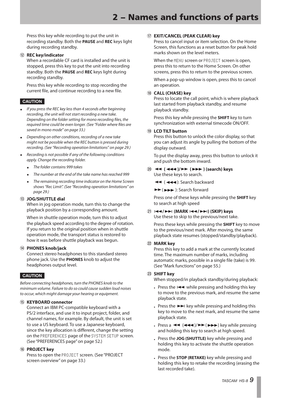 2 − names and functions of parts | Tascam HS-8 User Manual | Page 9 / 72