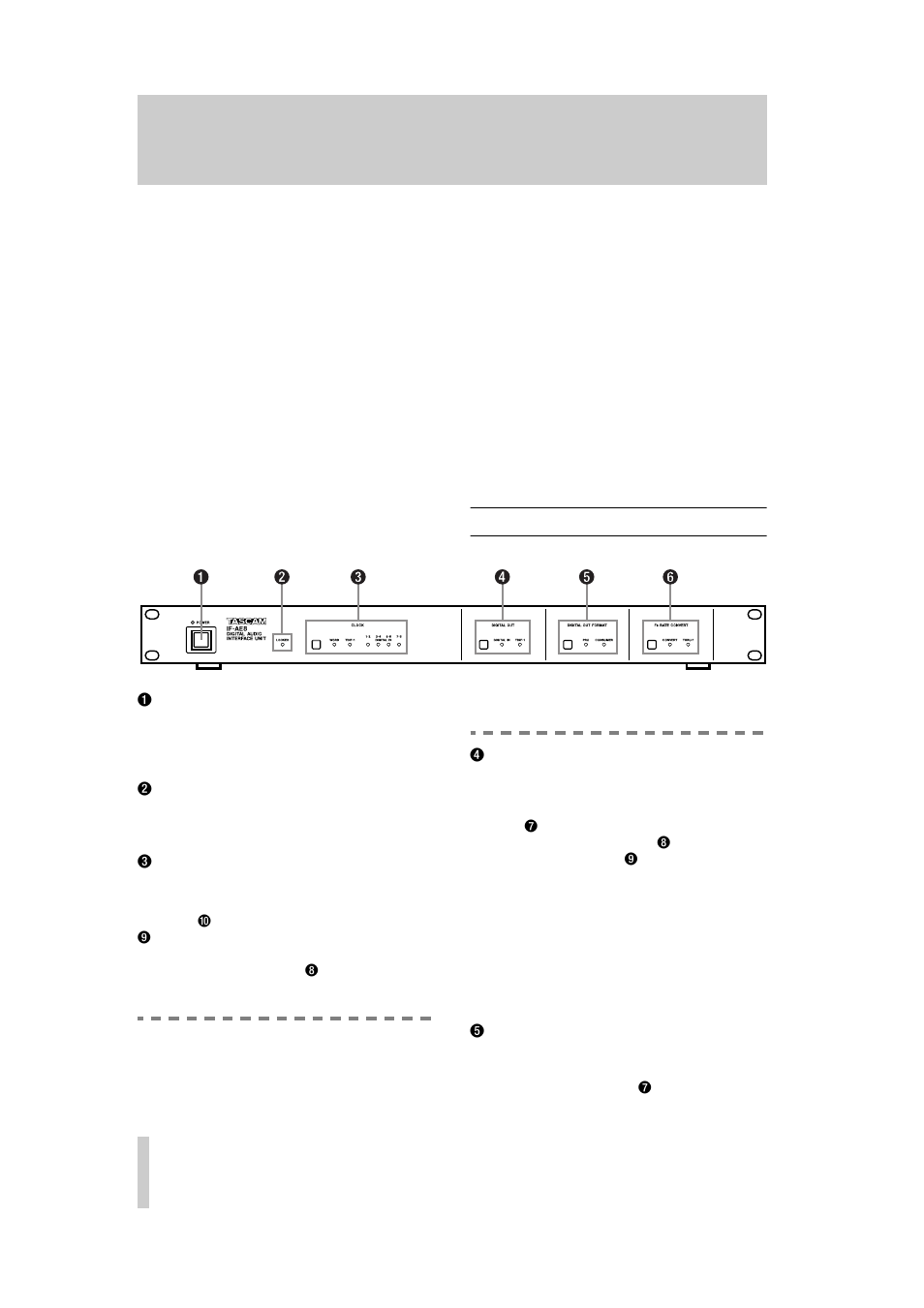 If-ae8 digital audio converter, 1 front panel, 1 power switch and indicator | 2 locked indicator, 3 clock switch and indicators, 4 digital out switch and indicators, 5 digital out format switch and indicators | Tascam IF-AE8 User Manual | Page 4 / 8